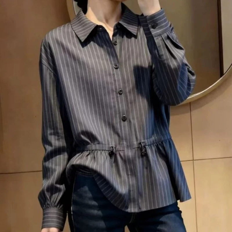 

2026 Vintage Women's Blouses Striped Casual Shirts Fashion Loose Summer Clothing Long Sleeves French Style Women Tops