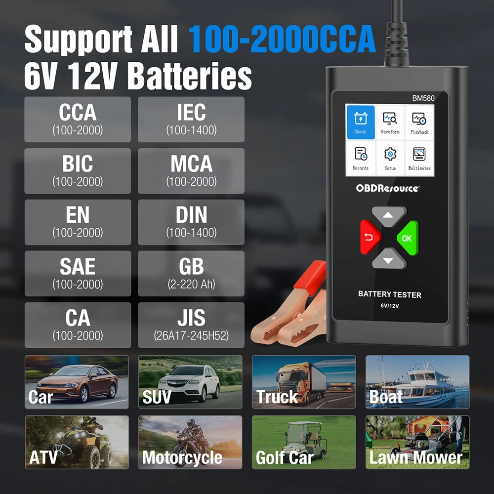 OBDResource-Testeur de batterie de voiture et de moto BM580, analyseur de batterie, outil de test de charge, 6V, 12V, 2000CCA, 2AH ~ 220AH