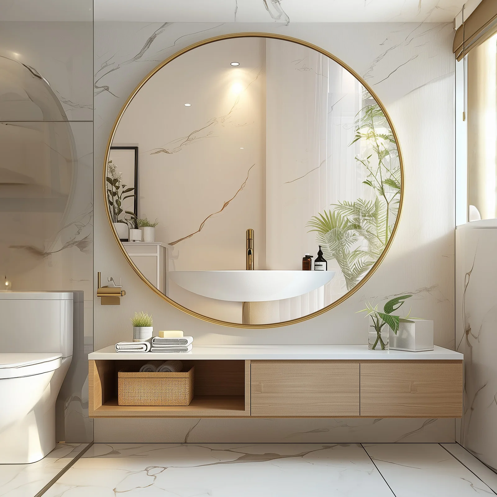 JHK 30 Inch Large Gold Round Vanity Framed Mirror for Wall Matte Metal Framed Modern Mirror Tempered Glass Bedroom Living Room