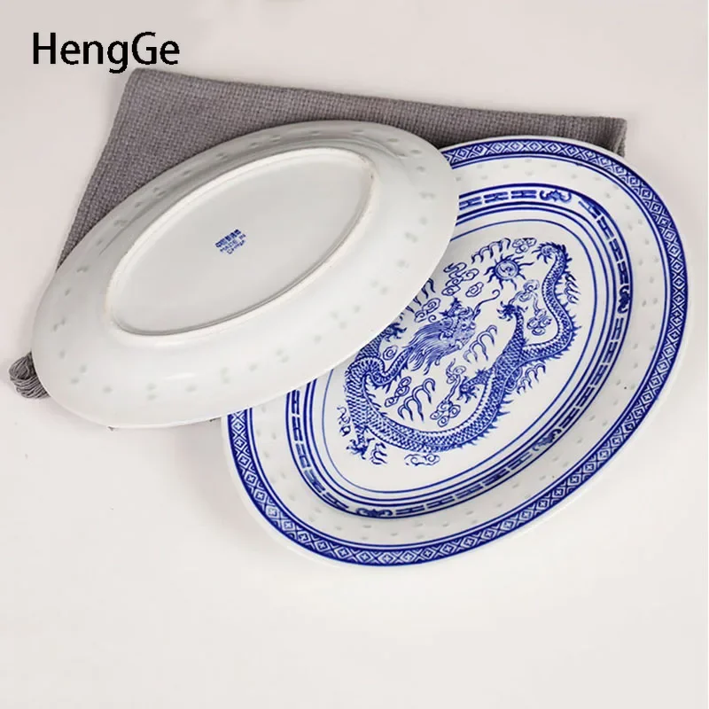 Retro Chinese Ceramic Plate Rectangular Steamed Fish Plate Blue and White Porcelain Salad Steak Flat Plates Household Tableware