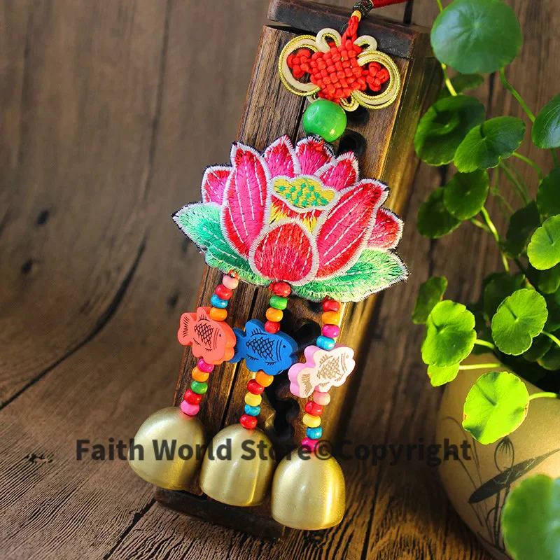 

10pcs # wholesale backpack bag home CAR wall efficacious Mascot native Lotus FENG SHUI copper bell lucky Embroidery Pendant