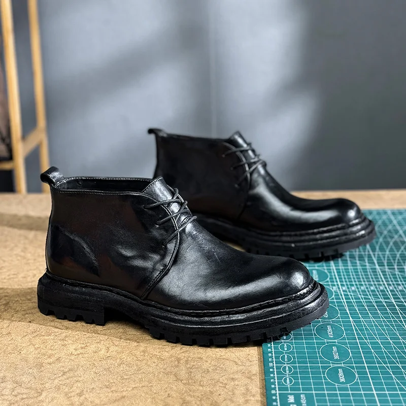 

Handmade Genuine Leather Thick-soled Outdoor Work Hiking High-top Boots British Retro Men Shoes Ankle Motorcycle Boots