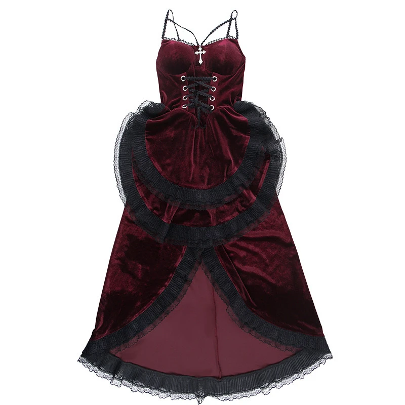 Gothic Dark Sexy Drawstring Waist Swallowtail Velvet Women's Sling Dress Original Design Lace Splicing Sleeveless Dresses Ladies