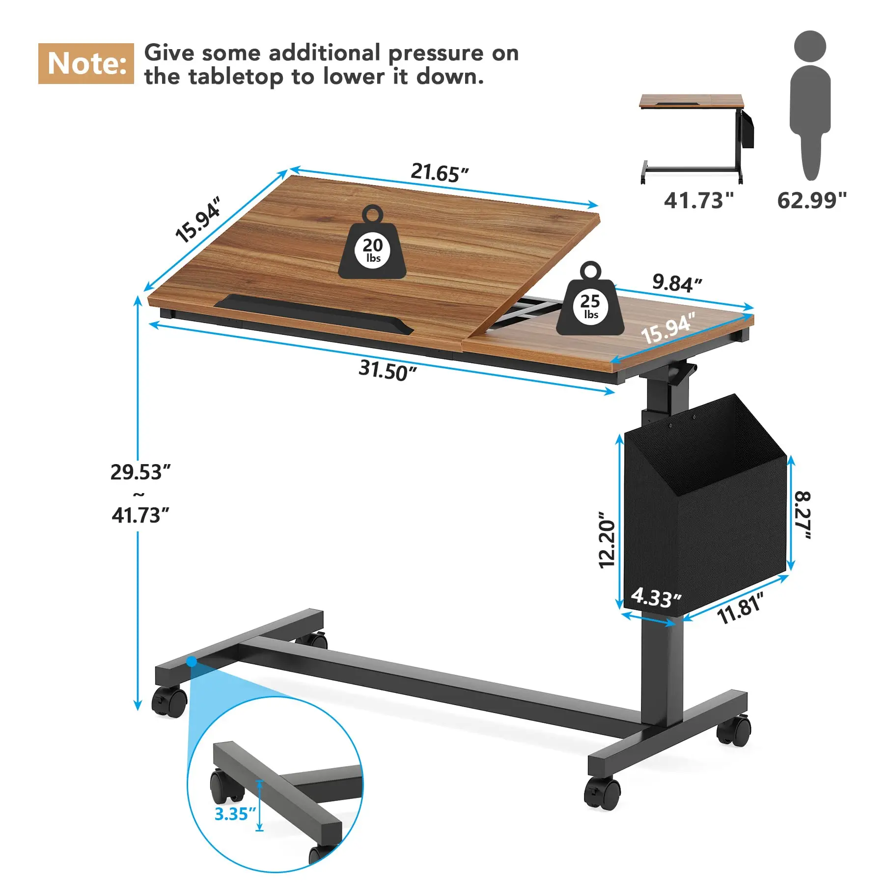 Tribesigns Height Adjustable C Shaped End Table with Wheels and Side Pocket, Mobile Sofa Snack Table with Tiltable Drawing Board