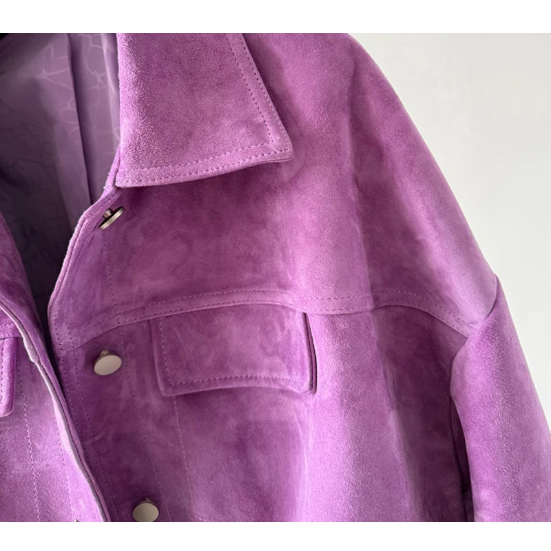 Giacca in vera pelle da donna in pelle di capra importata 2025 Autunno Viola Colletto corto con risvolto Cappotti casual in pelle scamosciata per bambini allentati femminili
