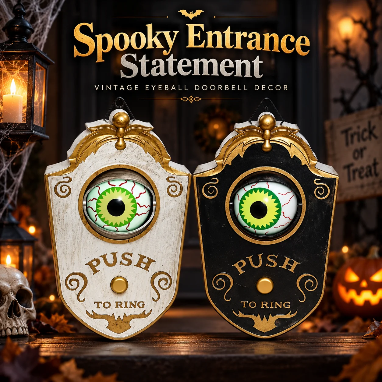 Campanello elettrico con effetto luminoso e suono attivato, ideale per Halloween, da appendere come elemento decorativo a tema horror, perfetto per feste in casa e come regalo.