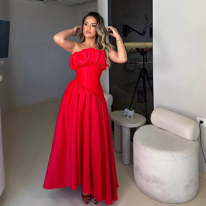 Thinyfull Red A-Line Prom Evening Dresses Strapless High Low Party Dress Women Satin Cocktail Prom Gown vestido festa Customized