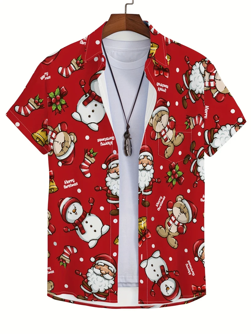 

New Happy Santa Surfing 3D Printed Hawaiian Shirt Mens Woman Gingerbread Man Blouse Fashion Short Sleeve Button Up Shirts Tops