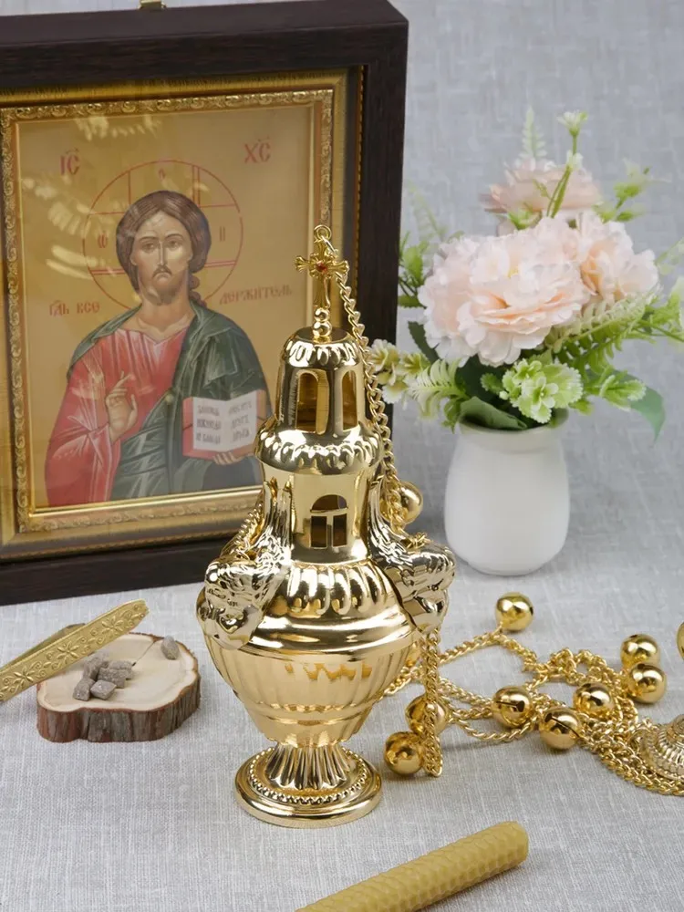 HTISOK Orthodoxes Räuchergefäß mit Kette und Glocken aus Zinklegierung, vergoldet, für Kirchenaltarzeremonien, mit traditionellem Design. – Detail 5
