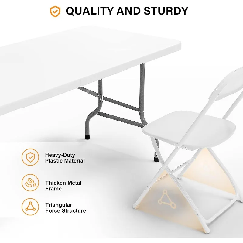 6-Foot Plastic Folding Table Set and 8 White Folding Chairs for Picnics, Events, Training, Outdoor Activities