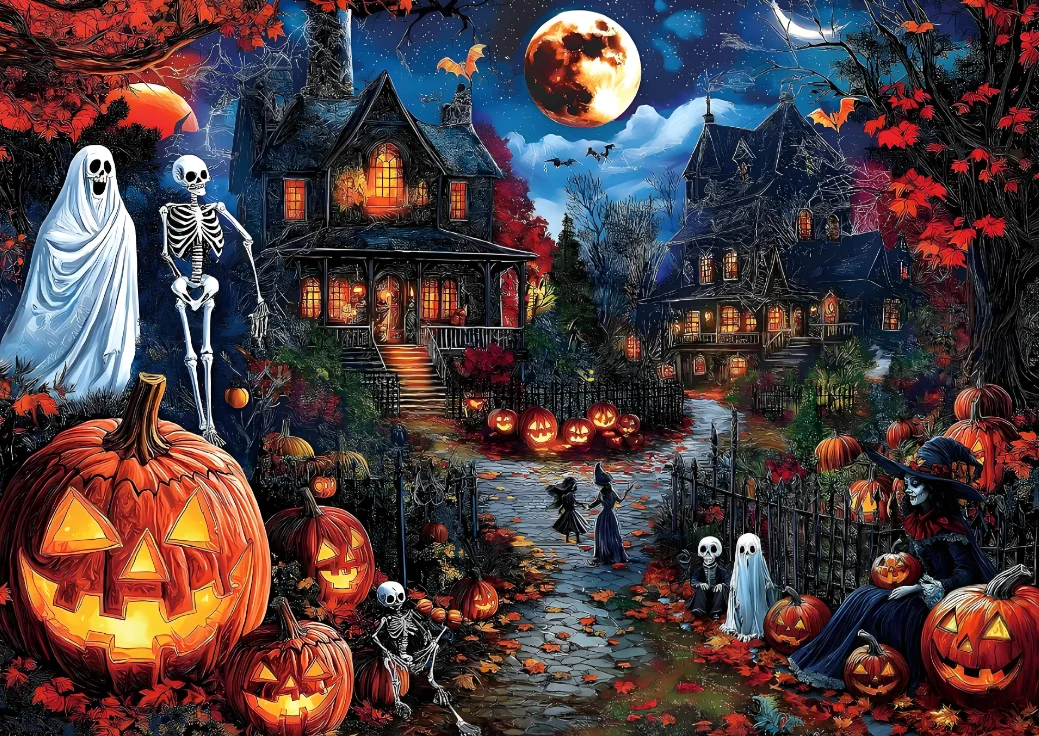 500/1000/1200/2000PCS Jigsaw Puzzle Spooky Halloween Haunted Ghost Skeleton Witch Pumpkin Full Moon Scenery Collection Gift