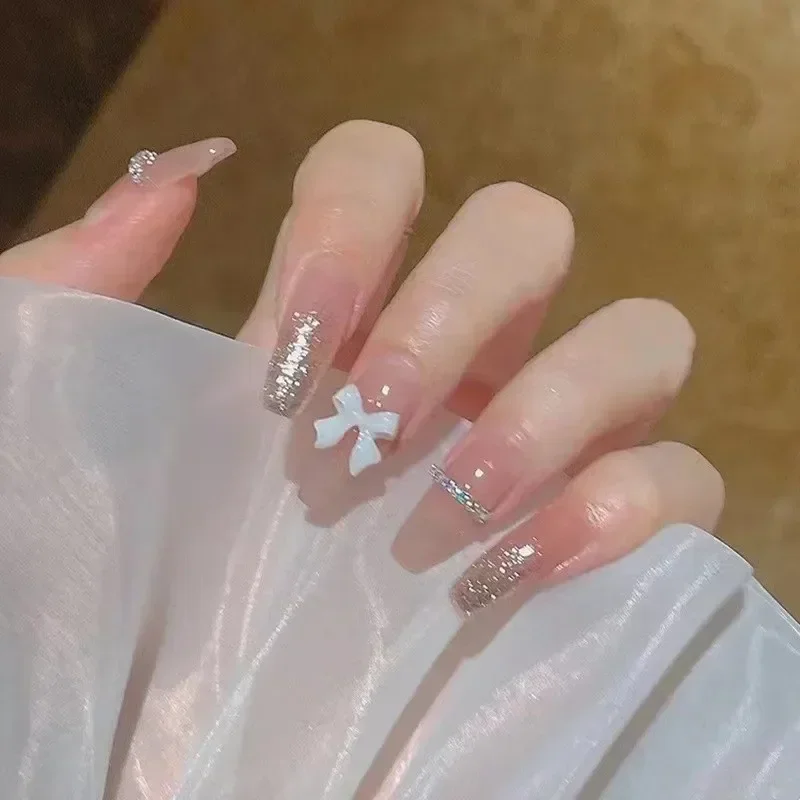 Uñas postizas ovaladas, uñas postizas decorativas con diamantes de imitación, cobertura completa, resistentes al agua, 24 piezas