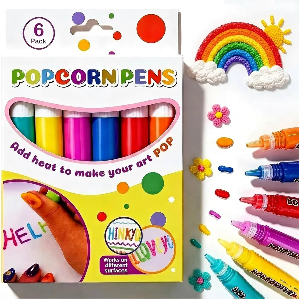 Creative Stress‑Relief Bubble Popcorn Pens, 6 Pack 3D Magic Doodle Watercolor Gel Pens for DIY Greeting Cards & Art Drawing
