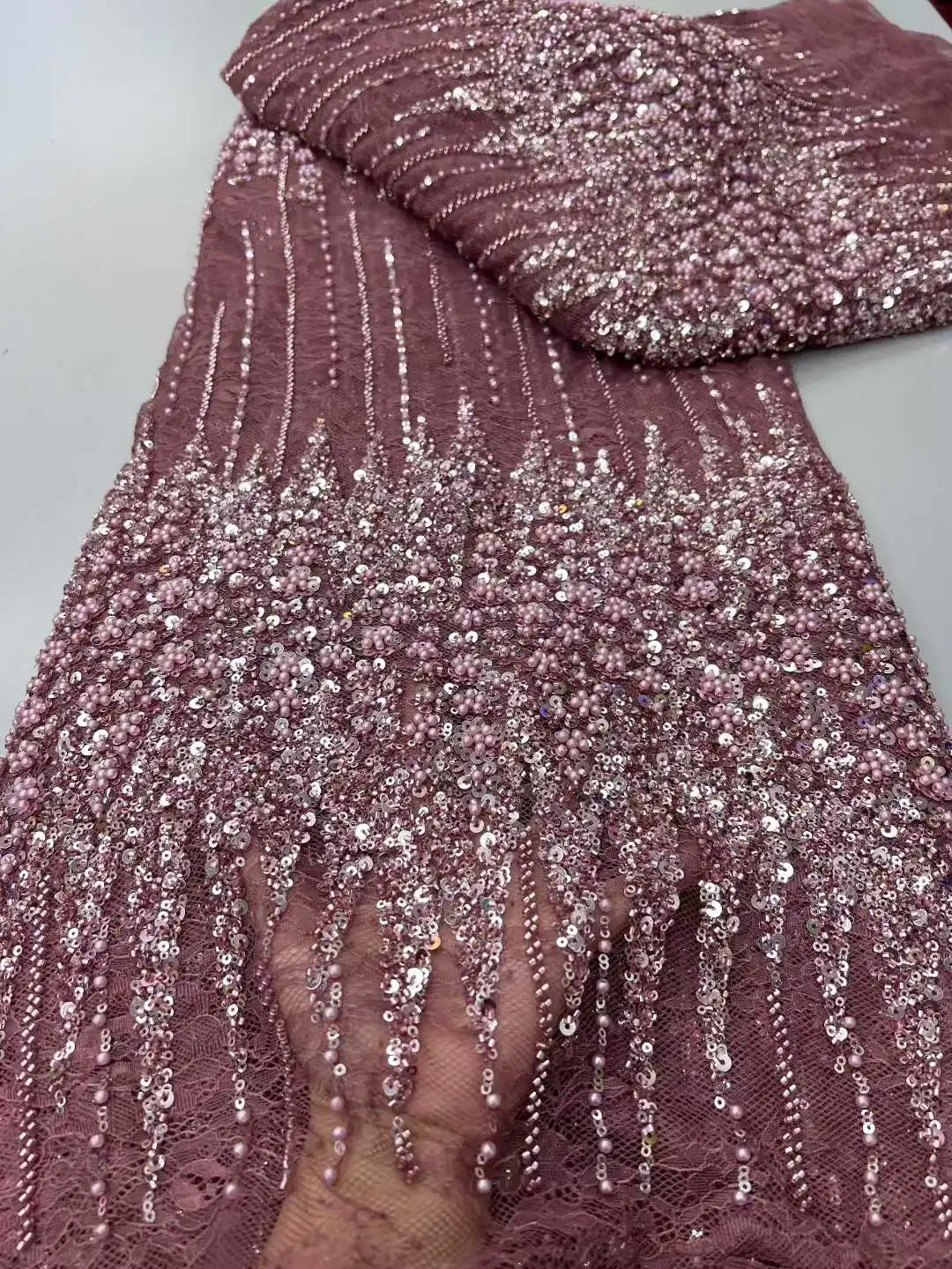 African Lace Fabric 2025 High Quality Hamdmade Beads Bridal Lace Fabric Luxury Sequin Beaded Embroidery for Wedding