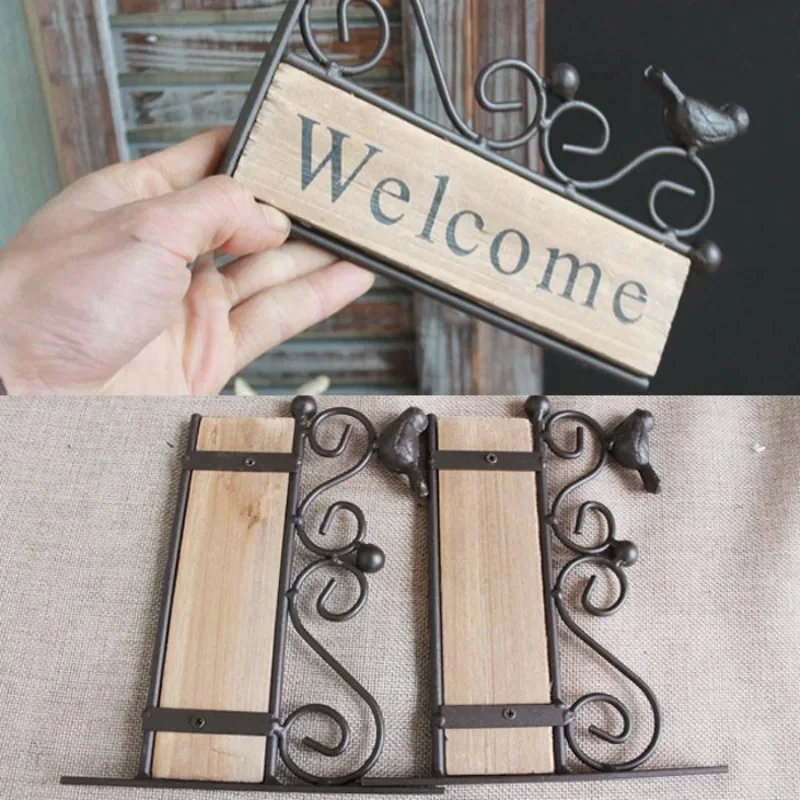 American Country Pastoral Wrought Iron Metope Adornment Solid Wood Doorplate Small Birds Mini Welcome Sign