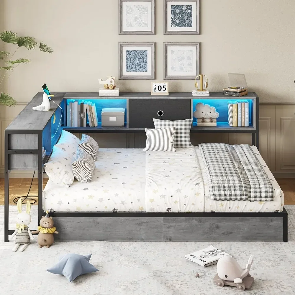New Best Deal US Shipping Full Size Metal Platform Bed Frame with Storage Drawers Bookcase Led Lights Charging Station Daybed fo