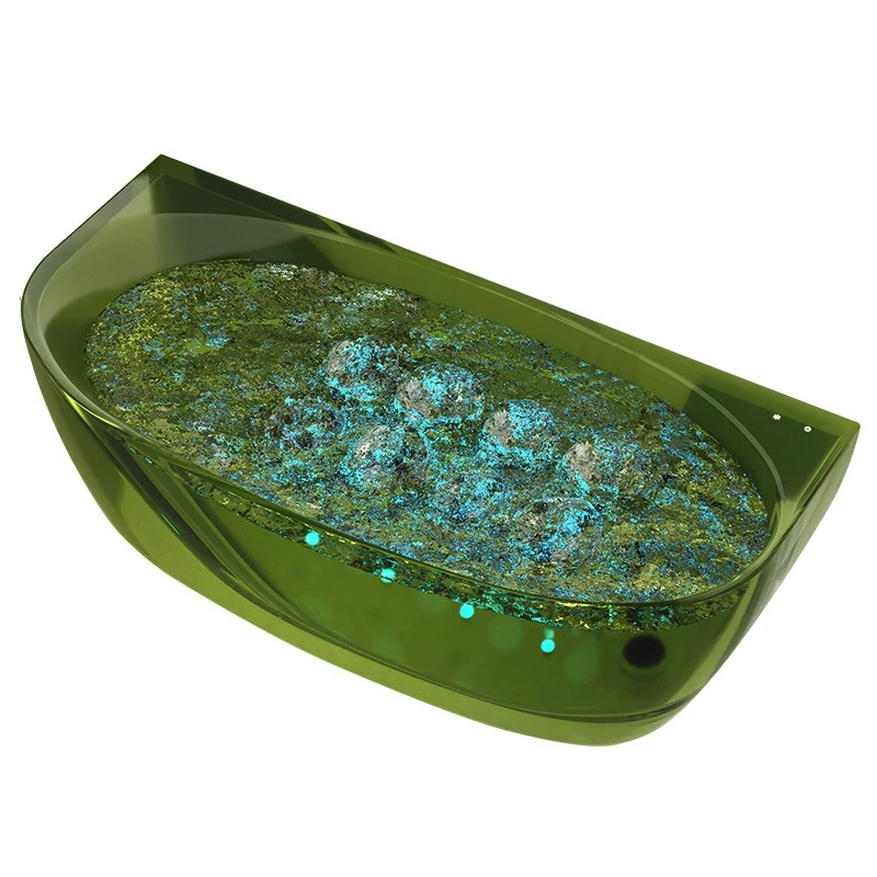 Clear resin bathtub, bubble jacuzzi against the wall