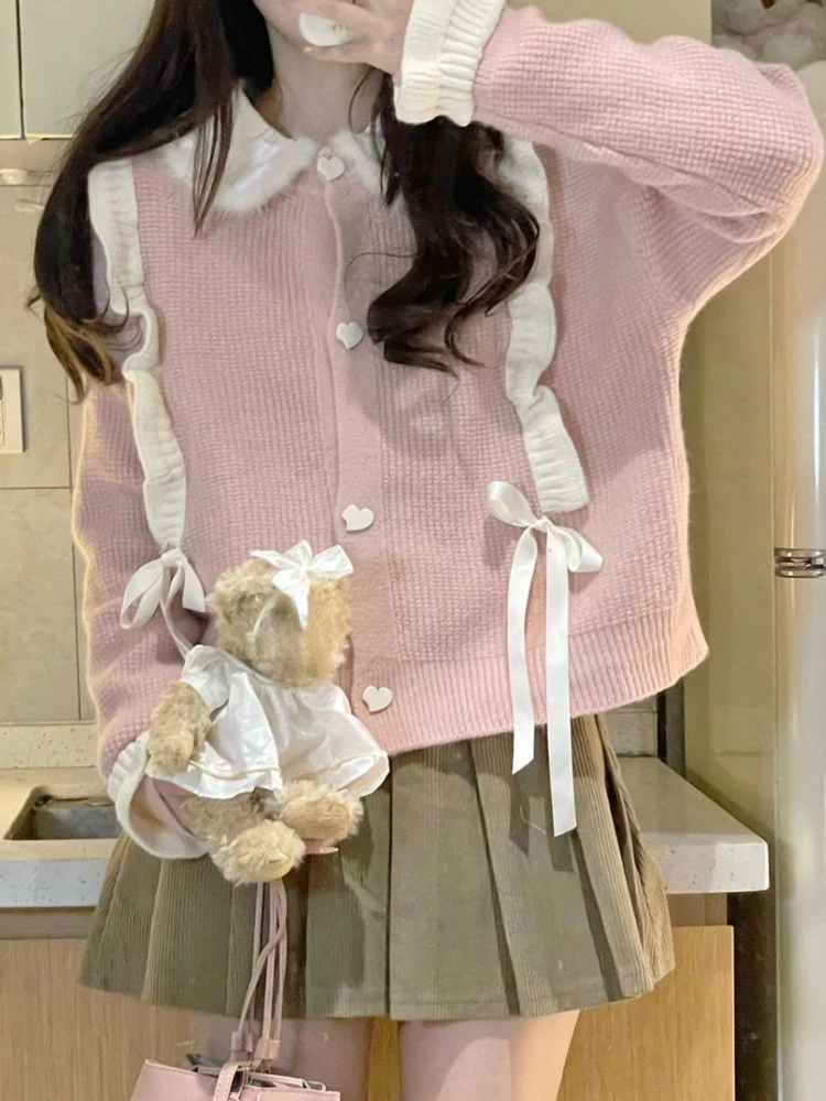 Pink Japanese Kawaii Two Piece Set Women Preppy Style Bow Sweet Skirt Suit Female Knit Cute Cardigan ＋ Brown Elegant Mini Skirt