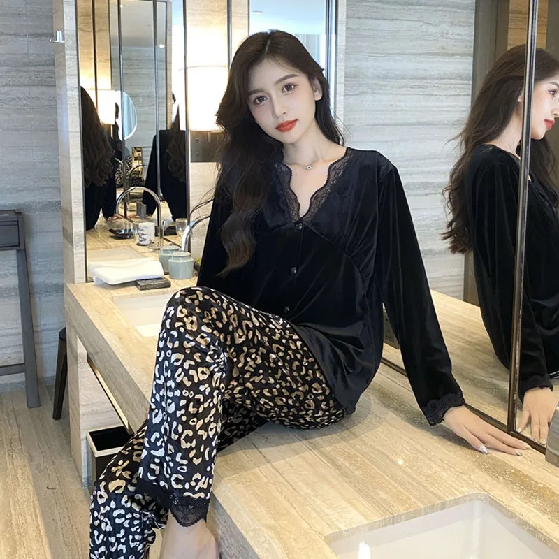 Retro Trend Leopard Print Fleece Women\'s Pajamas French Elegant Fashion Chic Home 2pc Set 2024 New Autumn/winter Y2k Nightgown