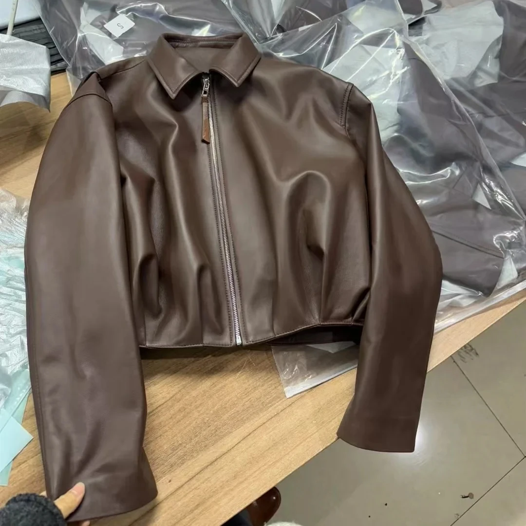 Giacca in pelle naturale per donna Giacca da motociclista bomber in pelle di agnello Maniche lunghe Cappotto in pelle di montone al 100% Top corti piegati Donna