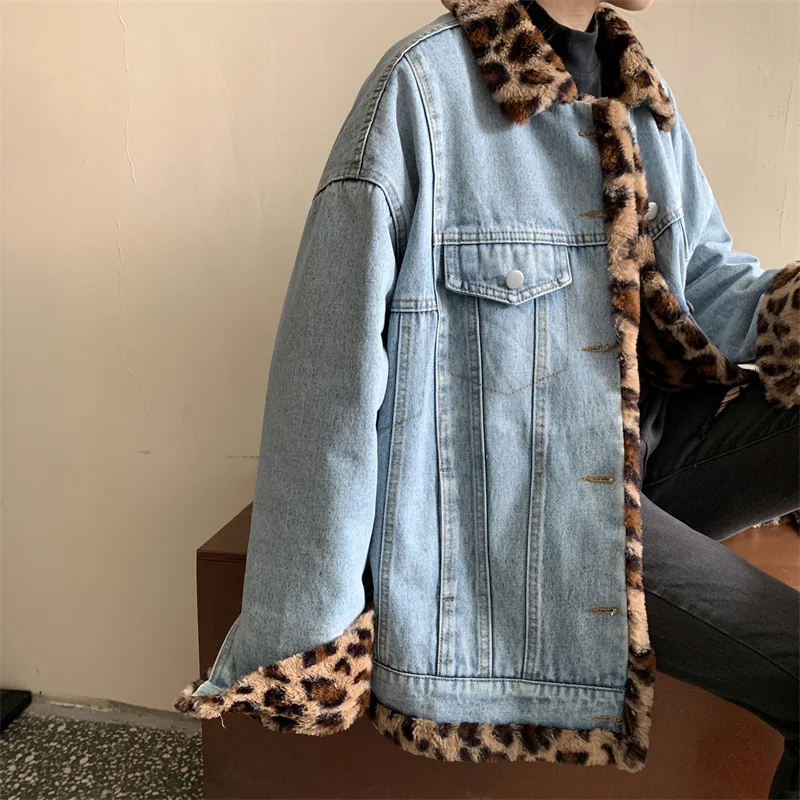 Autumn and Winter Cotton Retro Style Double-sided Wearable Plus Plush Thick Women\'s Leopard Print Denim Jacket Jacket Loose Fit