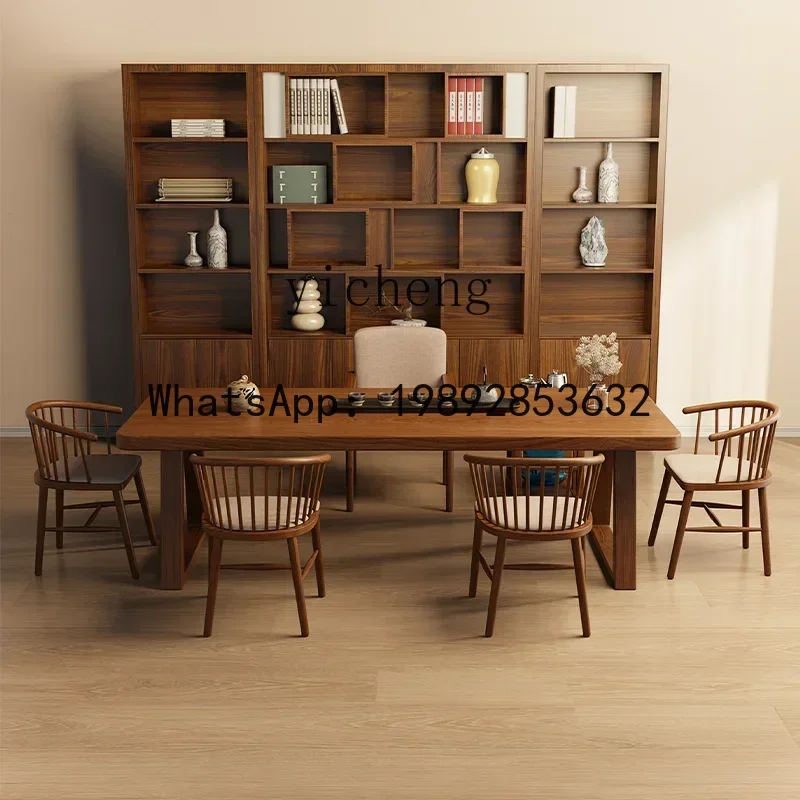 LYY Solid Wood Large Board Tea Table and Chair Set Simple One Table Five Chairs Natural Wood Living Room Home Office Tea Table