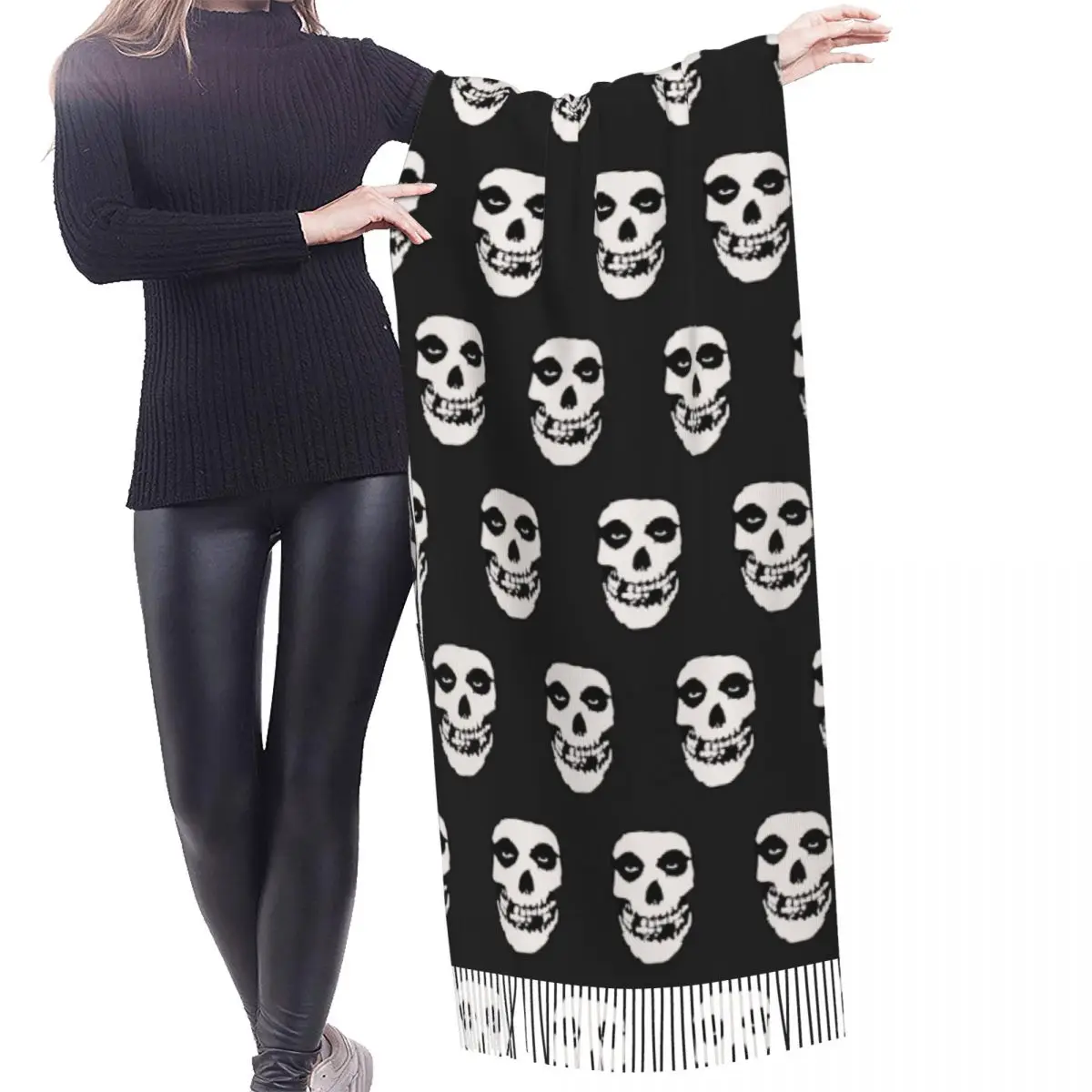 Custom Female Long Rock Punk Band Misfits Skull Face Scarves Women Winter Fall Thick Warm Tassel Shawl Wrap Heavy Metal Scarf