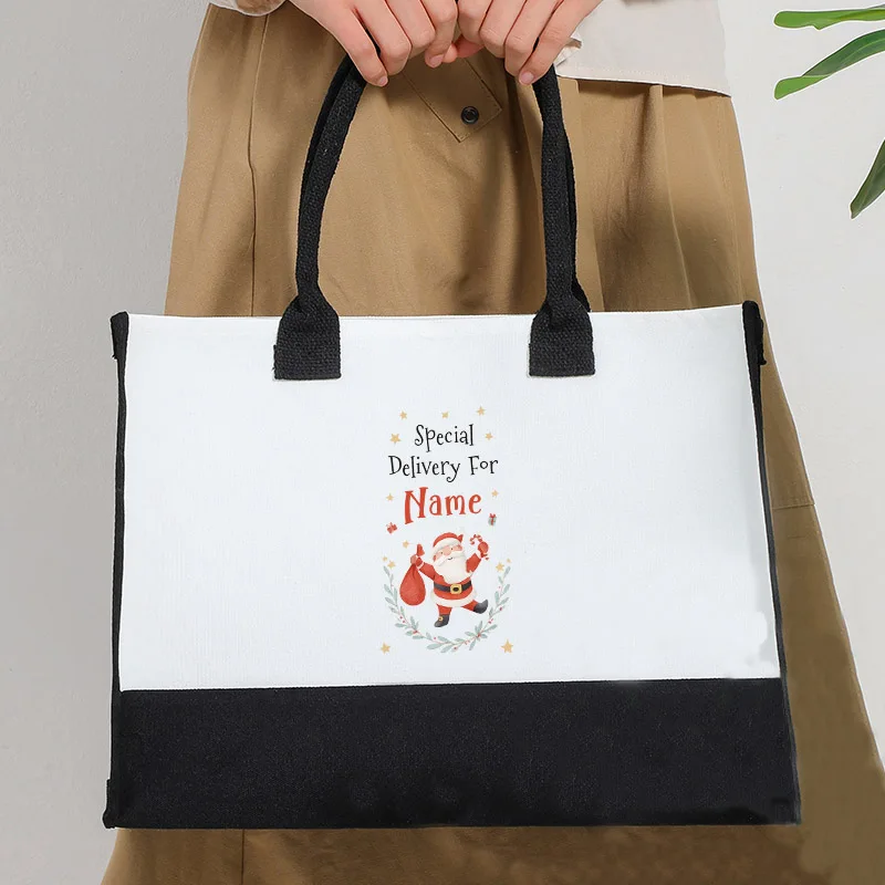 

Santa Pattern Canvas Handbag Personalized Name Xmas Special Delivery Shopping Travel Bag Casual Outdoor Tote