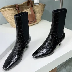 New Square Toe Kitten Heel Chelsea Boots Women Real Leather Thin Heels Stretch Boots Women Retro Designer Ankle Boots Women