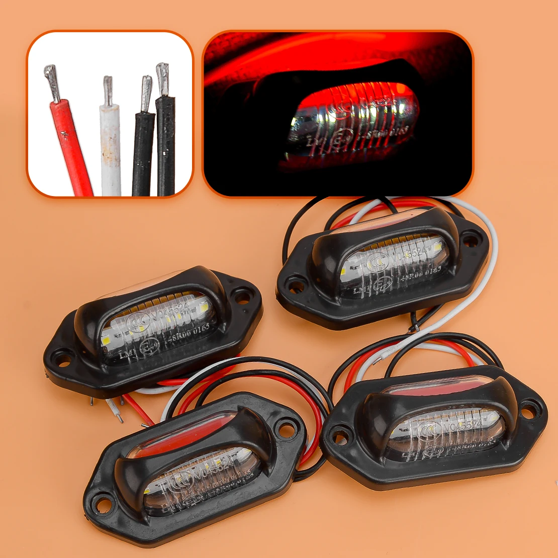 4Pcs LED License Plate Tag Light Side Marker Lamp Red & White Universal 12-24V for Car Truck Trailer RV Motorcycle Boat