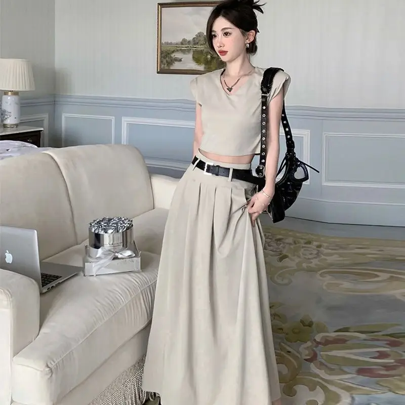 Skirt Women Ankle V-Neck Short-Sleeved Top Length Solid High Waist All-Match Elegant Baggy Skirt Suit Harajuku A-Line Fashion