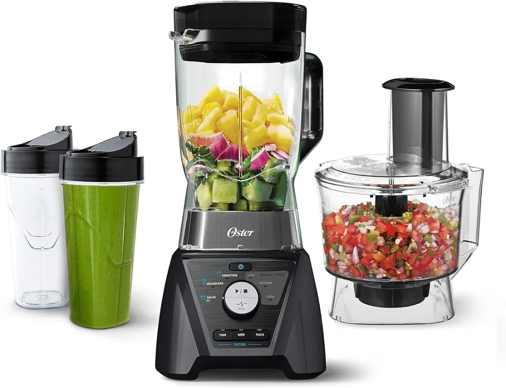 

Blender and Food Processor Combo with 3 Settings for Smoothies, Shakes, and Food Chopping, Includes 2 24-Ounce Cups and Lids