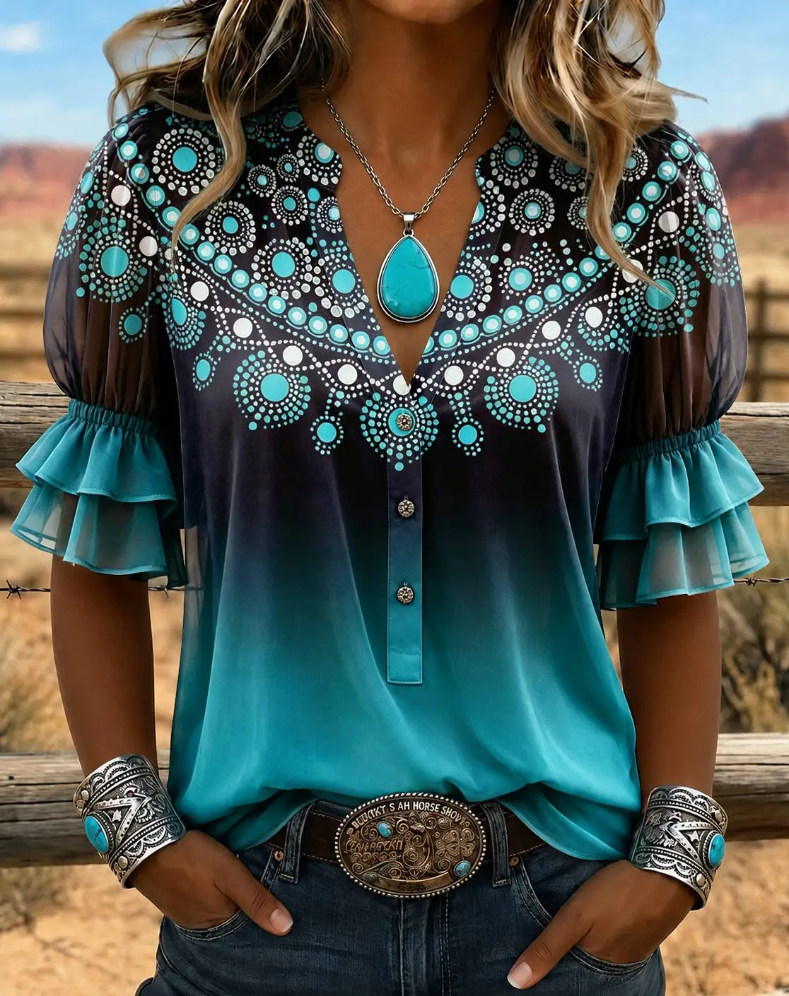 Women's Spring Summer 3D Printed V Neck Shirt, Multicolor Gradient Tropical Big Flower Abstract Boho Blouse