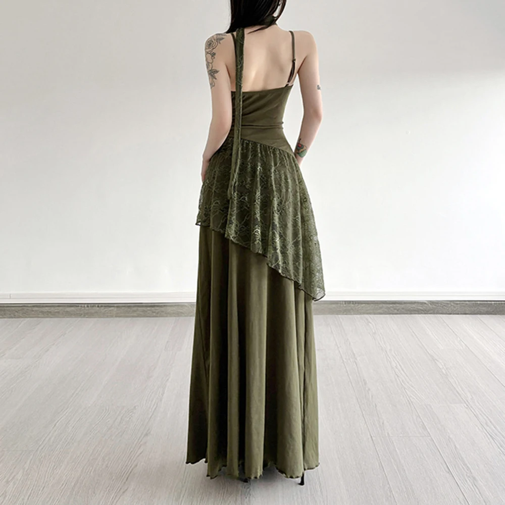 Forest-Style Girl's Vacation Lace Splice Strapless Dress Thin See-through V-neck Asymmetrical Green Long Skirt for Women