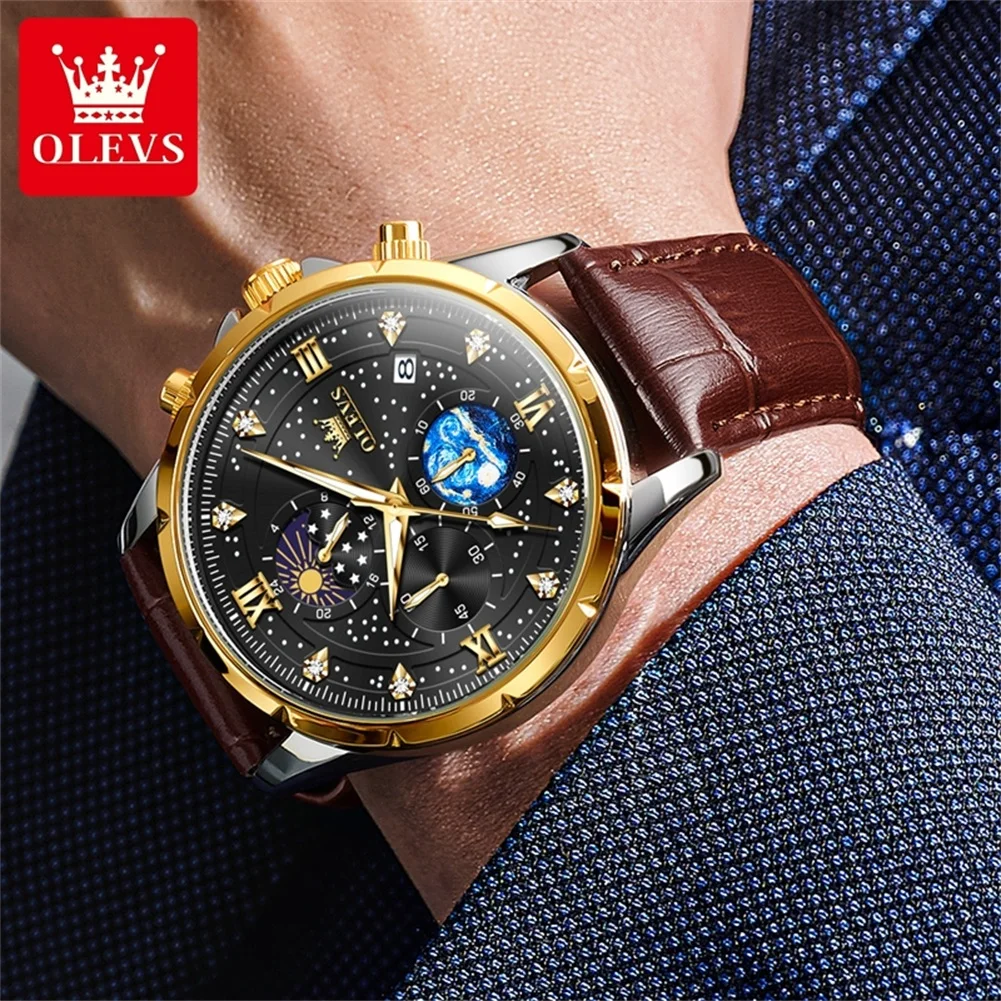 OLVES Leather Men watch Moon Phase Waterpoof Luminous Luxury Business Chronograph Quartz Wrist Watch for Men