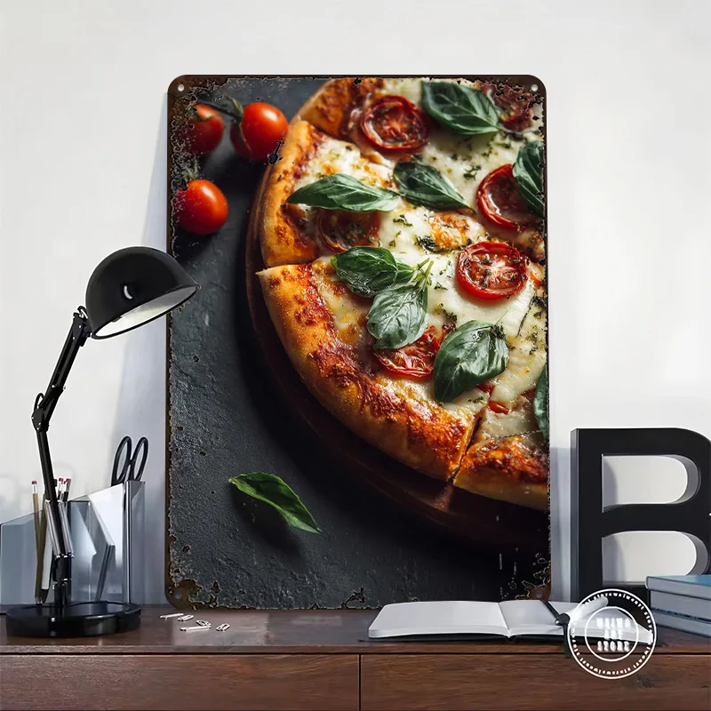 Margherita Pizza With Tomatoes Metal Poster Customized Wall Art Retro Vintage Metal Signs for Man Cave Garage Decoration Room