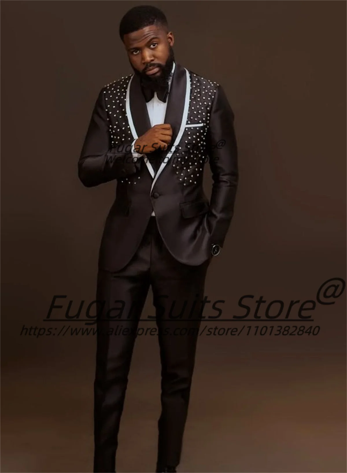 

Handsome Gorgeous Diamonds Men Suits Customized Slim Shawl Lapel Groom Wedding Tuxedos 2 Pcs Sets Male Prom Blazers Ropa Hombre