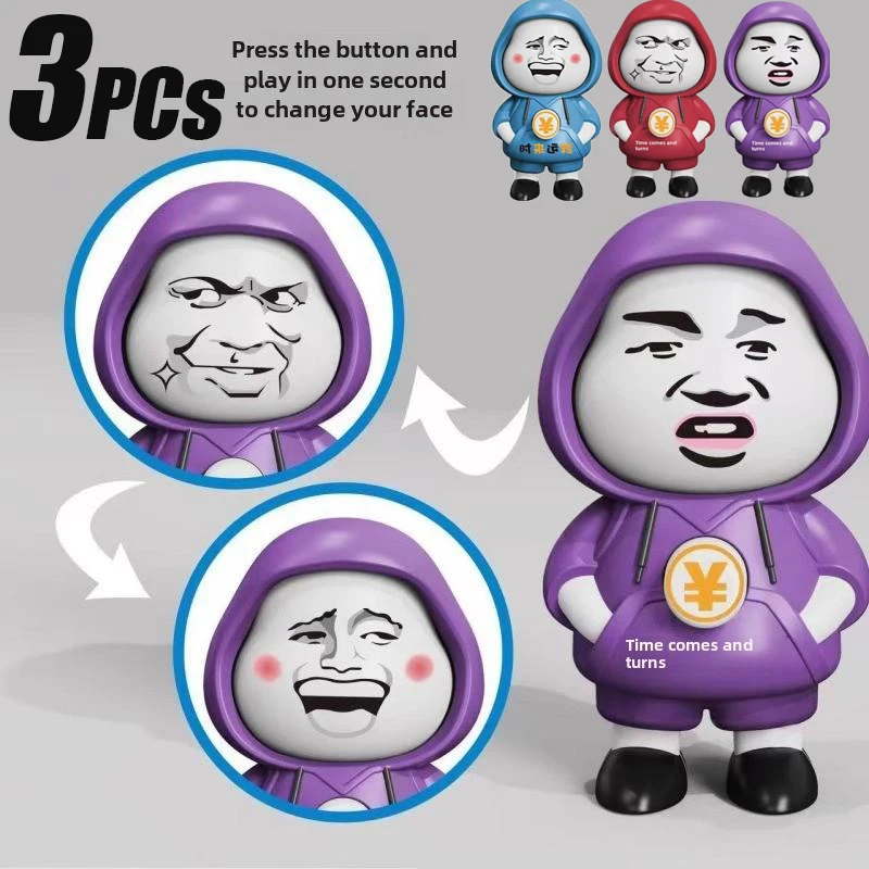 3PCs Creative Keychains Facail Expression Face Changing Key Rings Cartoon Cute Funny Decompression Backpack Pendant