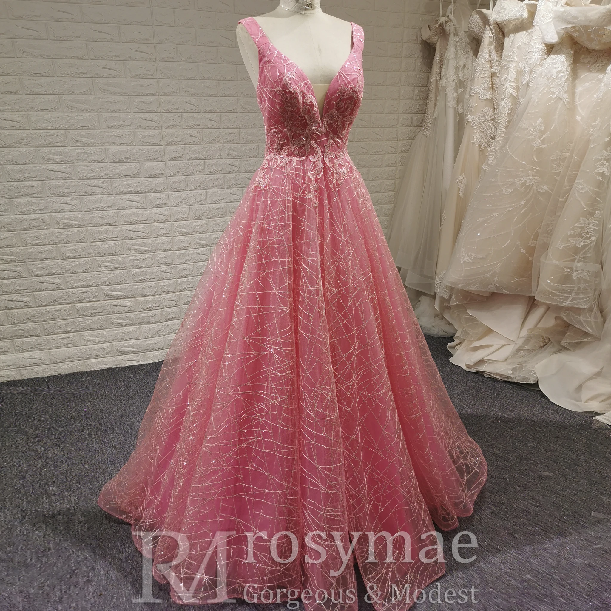 Rosymae Pink Prom Dress Elegant A-Line V-Neck Open Back Design Sparkling Gown with Chapel Train for Prom Weddings Formal Events