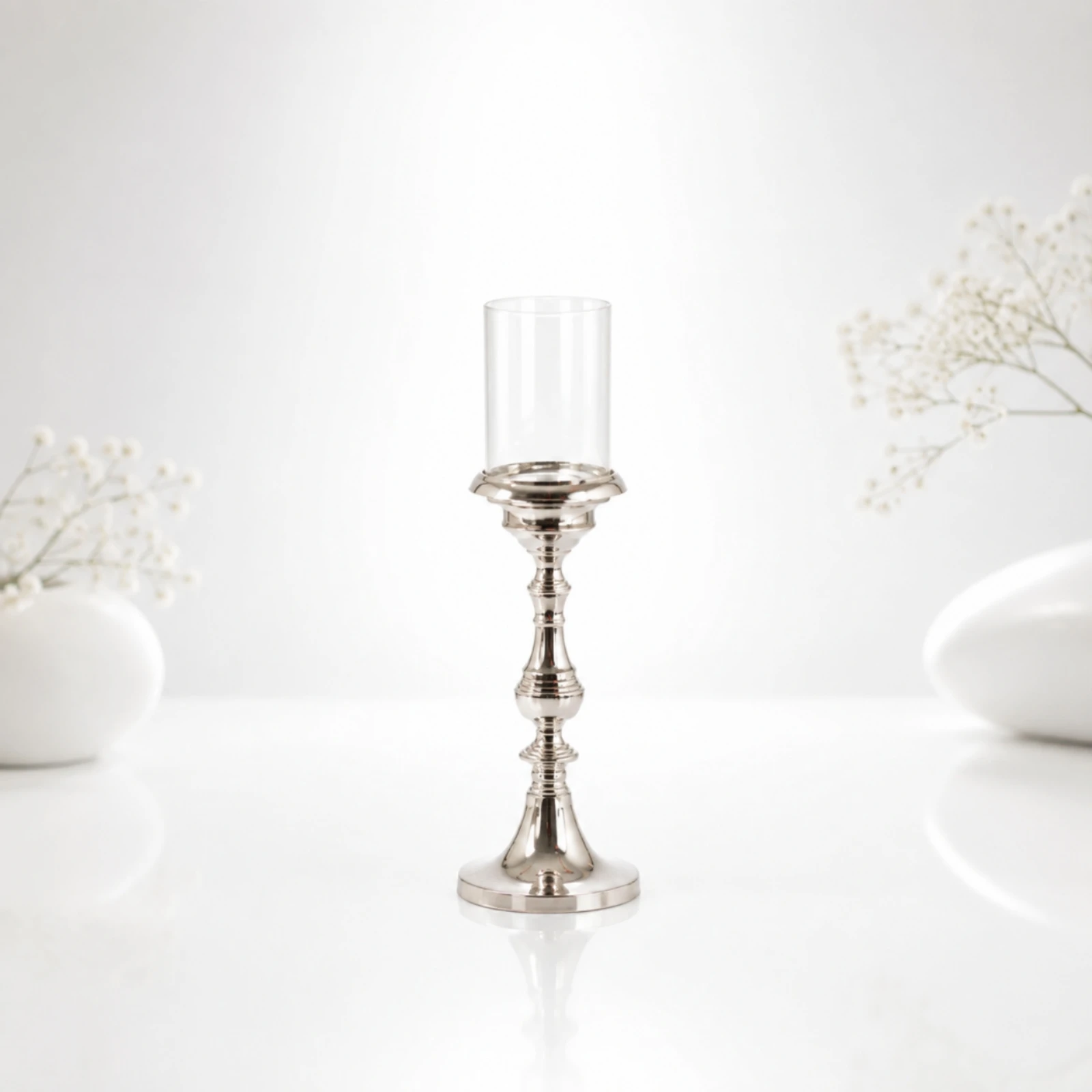 Aluminum and Glass Candlestick Holder Slim Candle Holder with Reflective Metal Base Minimalist Vintage-Inspired