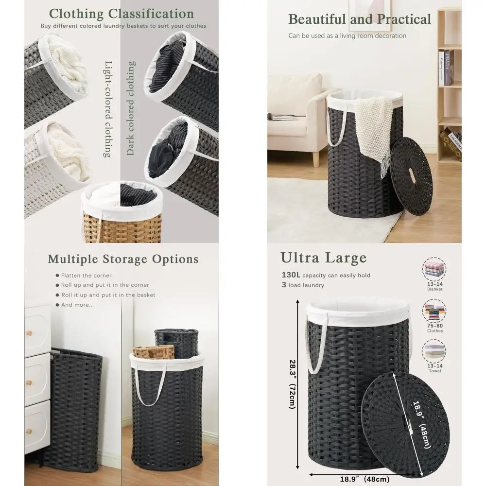 

Круглая плетеная корзина для белья с ручками и 2 сетчатыми пакетами, емкостью 34,3 галлона, подходит для гостиной и спальни, черная