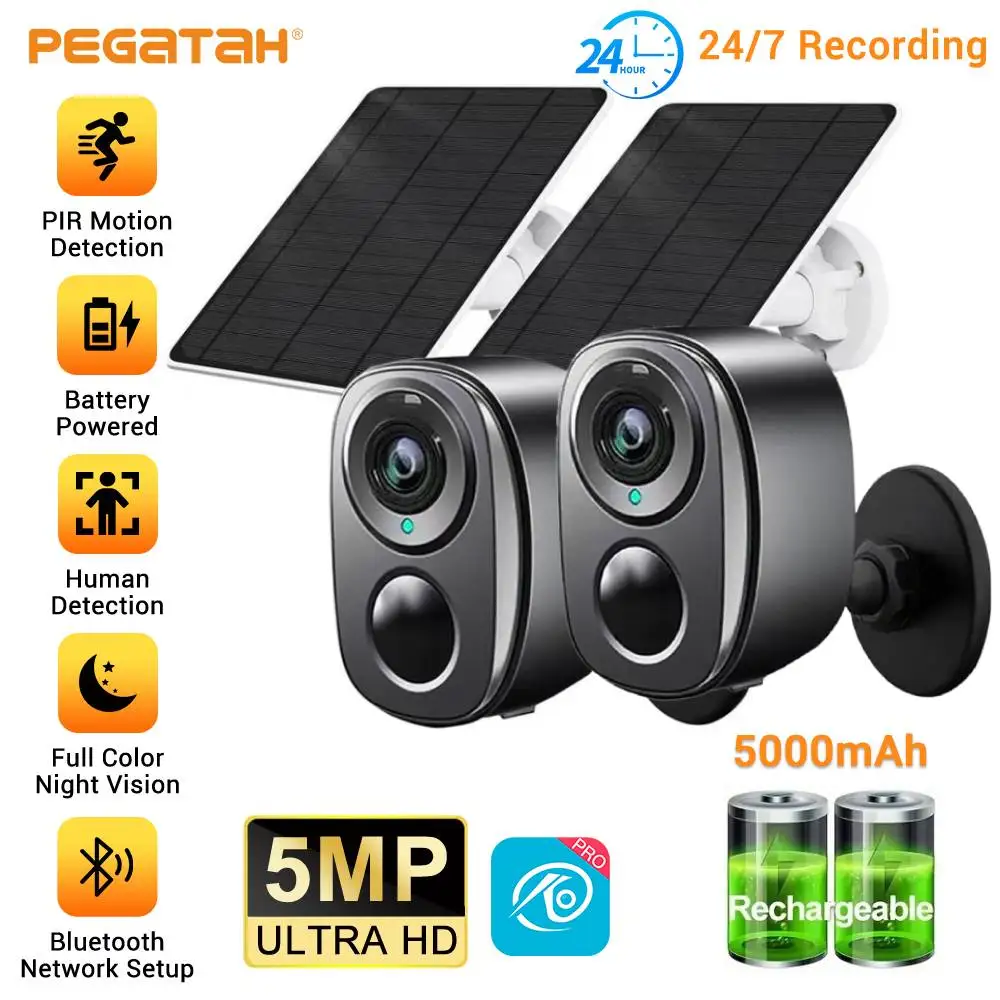 2pcs 5MP 4G Solar Camera Wireless Outdoor Security Camera Color Night Vision Battery Powered Support WiFi PIR Waterproof Two-Way