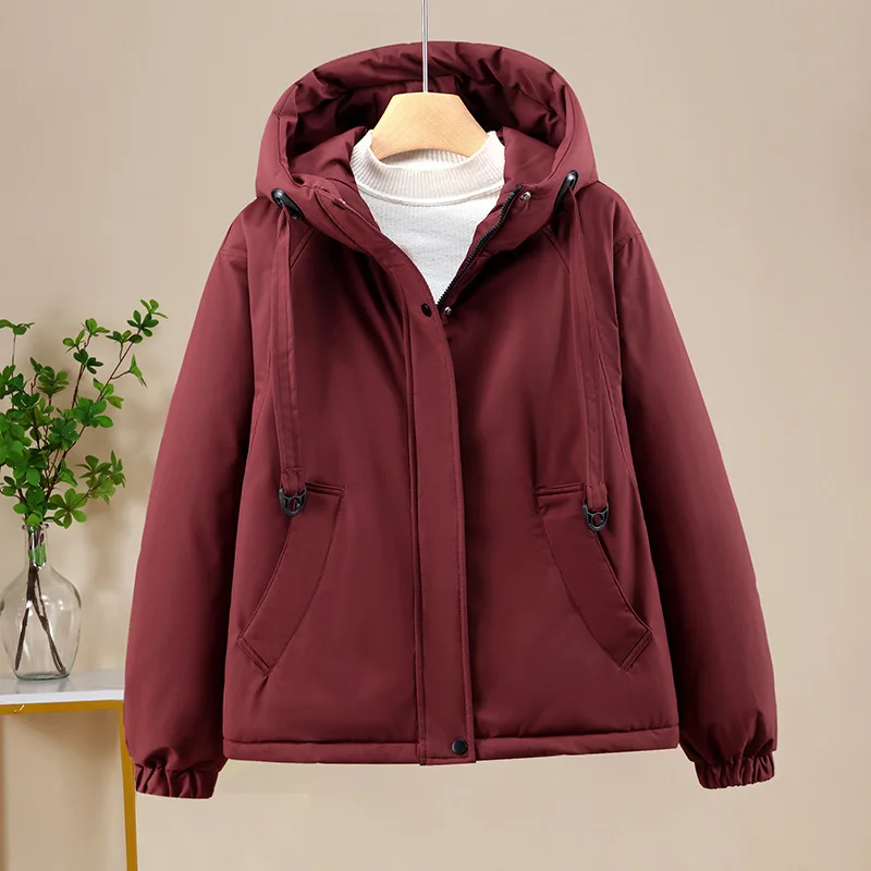 Women Short Parkas Coats Hooded Overcoat Solid Drawstring Zipper Long Sleeve Looose Fit Thick Casual Office Lady 2025 Winter