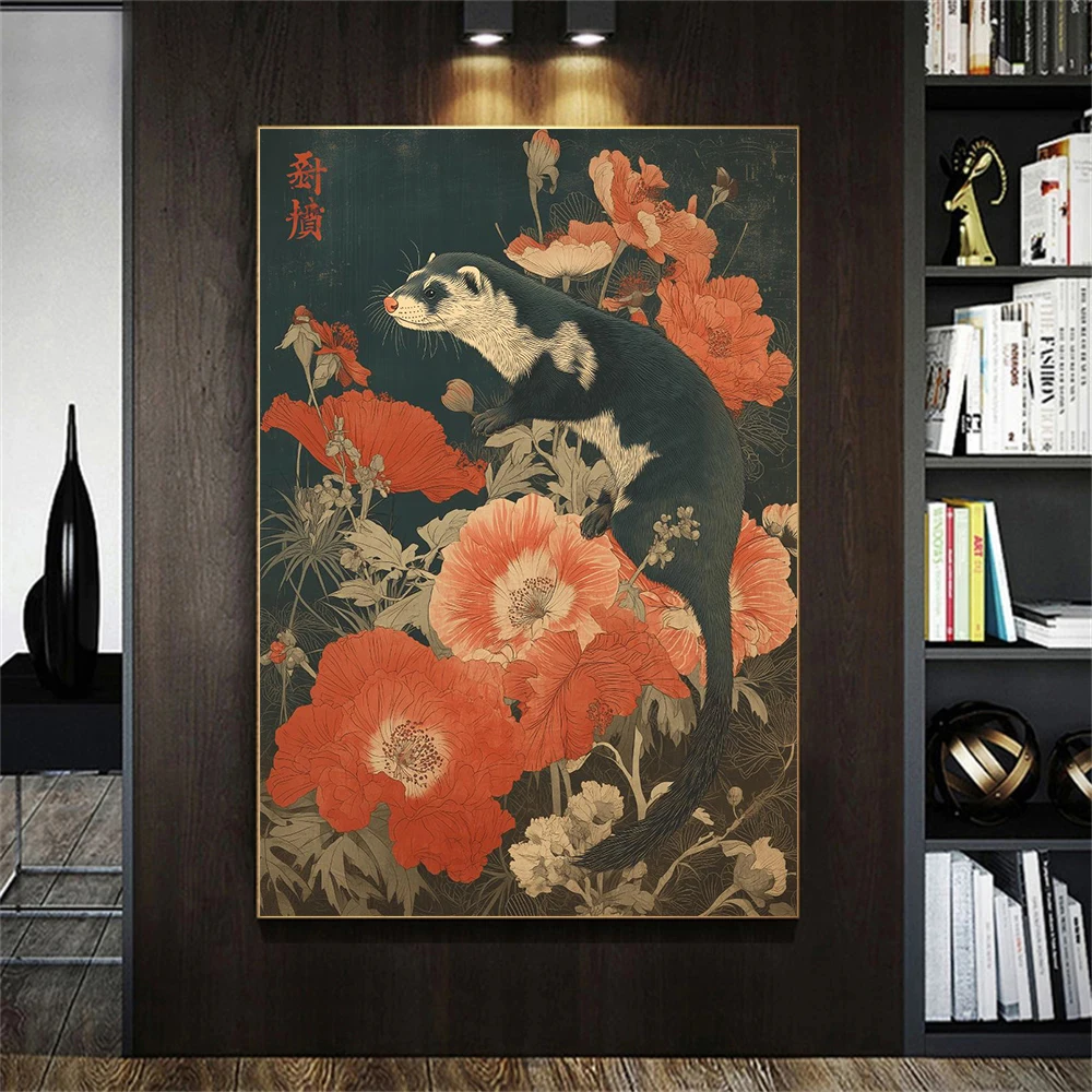 Vintage Ukiyoe Japanese Woodblock Canvas Print Cat Dragonfly Otter Floral Nature Zen Wall Art Living Room Bedroom Decor Poster