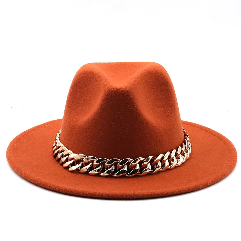 women fedoras golden chain fedora hat women men wide brim solid color jazz top hat autumn winter new Panama hat gentleman hat