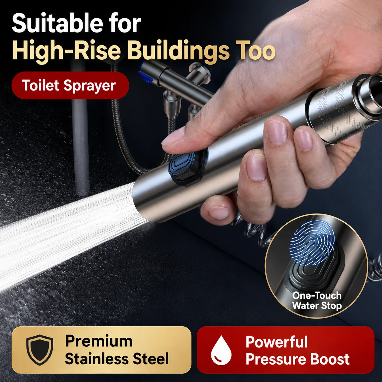 Stainless Steel Bidet Sprayer Set High Pressure Handheld Shattaf For Toilet With Retractable Spring Hose G1/2