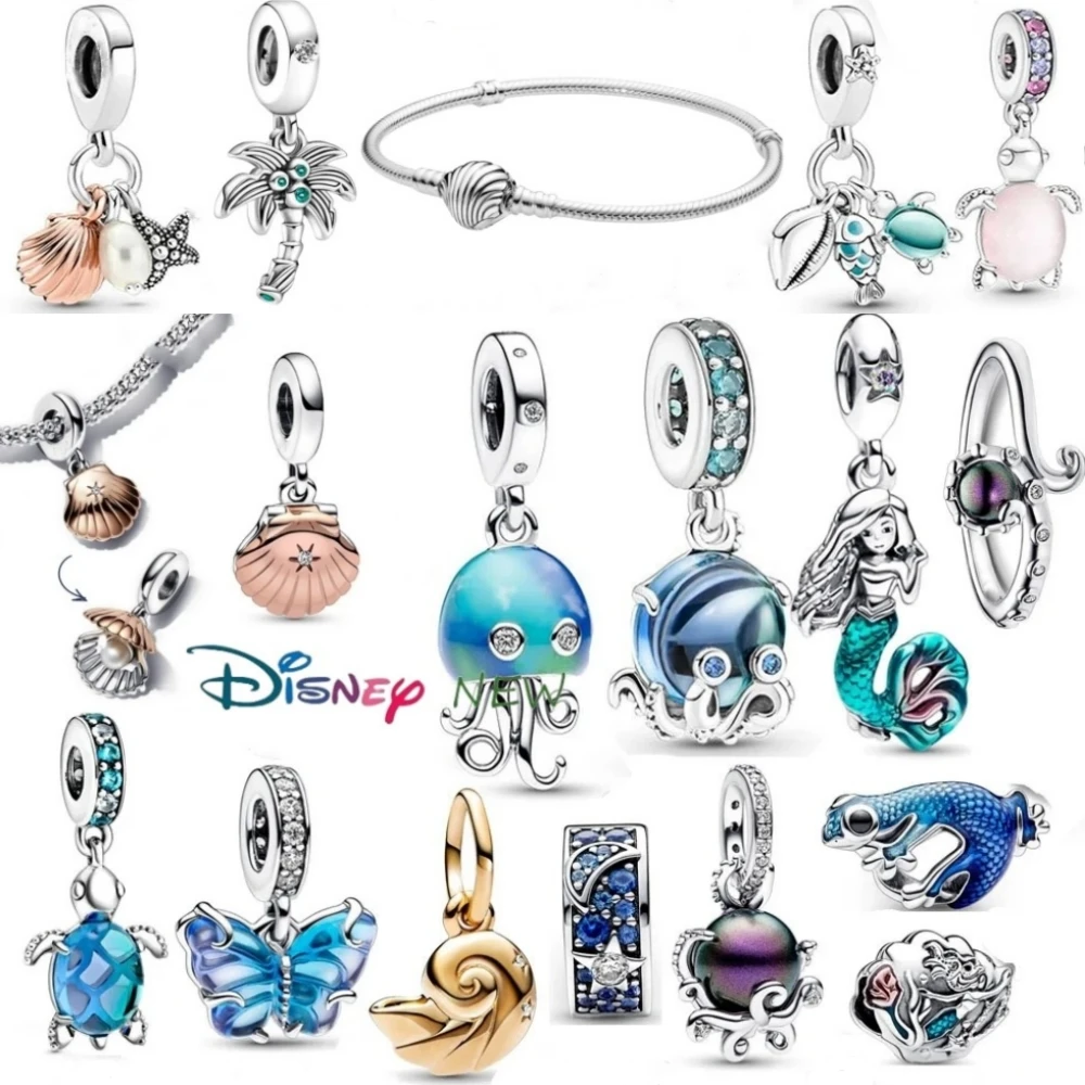 Annual new Disney mermaid series ocean pearl shell crab turtle pendant suitable for original Pandora bracelet jewelry party gift