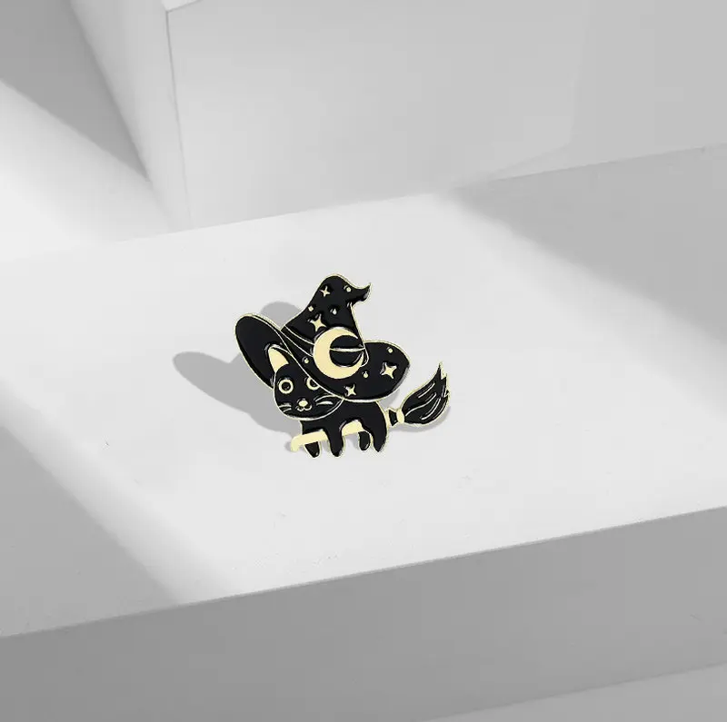 Witch Cats Enamel Pin Custom Starry Wizard Hat Brooch Bag Clothes Lapel Pin Black Gothic Badge Witchcraft Jewelry Gift Friends