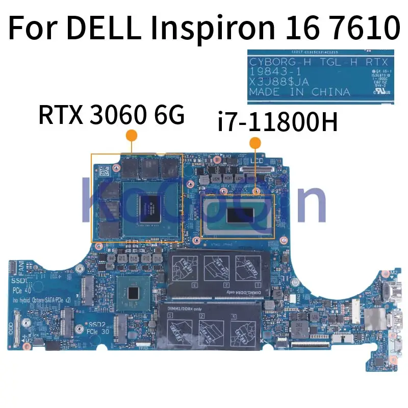 19843-1 For DELL Inspiron 16 7610 i7-11800H Notebook Mainboard CN-09FDV3 9FDV3 RTX 3060 CYBORG-H TGL-H Laptop Motherboard