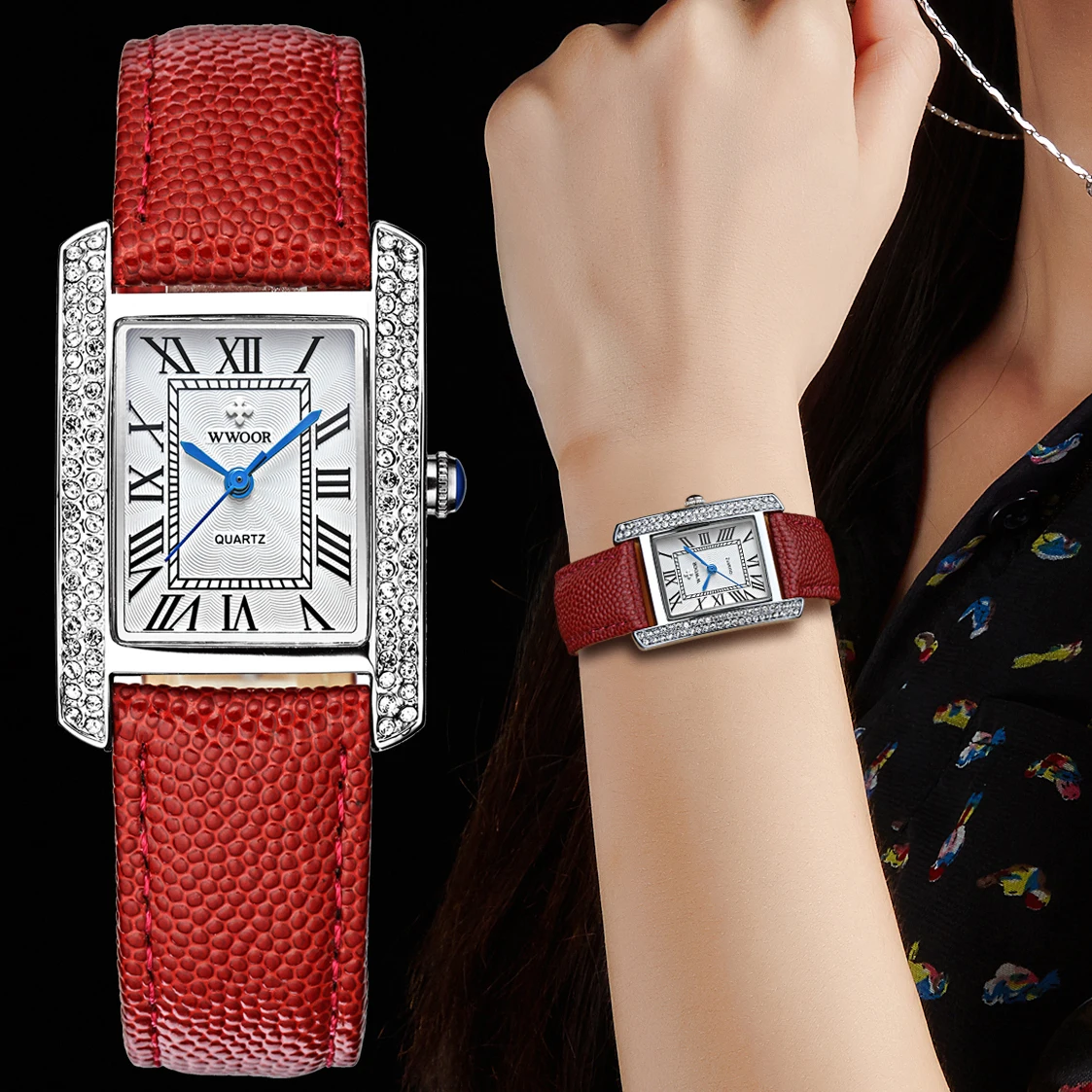 

WWOOR New Red Silver Leather Ladies Wrist Watch Waterproof Quartz Watch For Women Luxury Diamond Rhinestones Bracelet Wristwatch